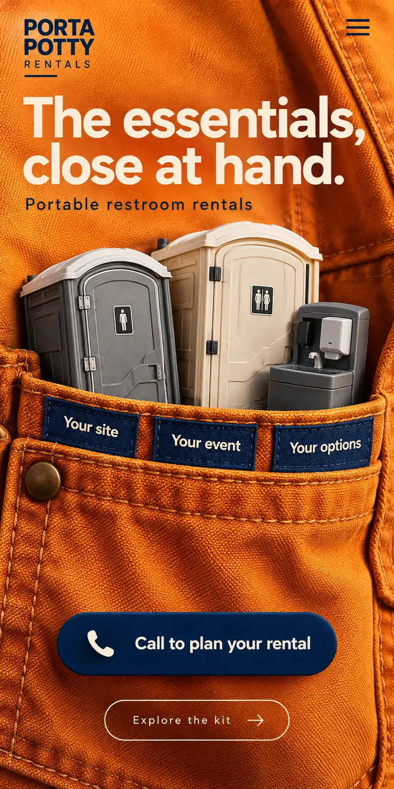 Illustrated portable toilet and washing options arranged inside an orange workwear pocket